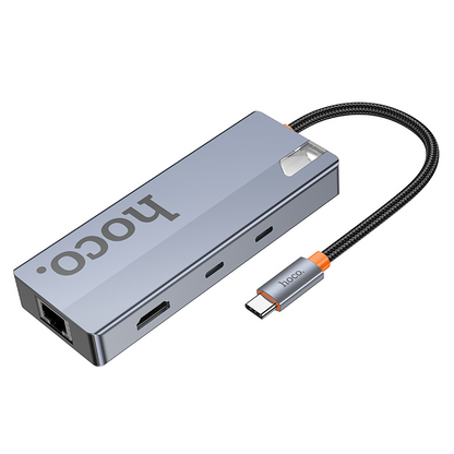 USB-C rozbočovač HOCO HB52, 2 x USB-A 3.0 - 2 x USB-C - 1 x HDMI - 1 x RJ45 - 1 x SD - 1 x microSD, Sivý
