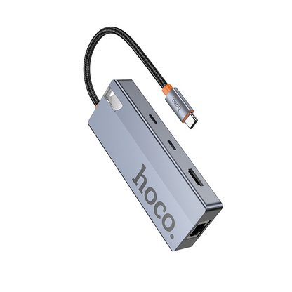 USB-C rozbočovač HOCO HB52, 2 x USB-A 3.0 - 2 x USB-C - 1 x HDMI - 1 x RJ45 - 1 x SD - 1 x microSD, Sivý