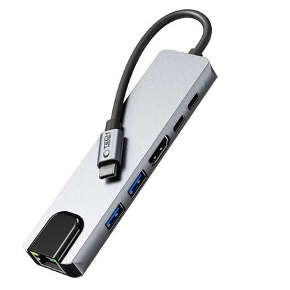 Tech-Protect HB02 USB-C Hub, 1 x USB-A 3.0 - 1 x USB-A - 2 x USB-C - 1 x HDMI - 1 x RJ45, Gray
