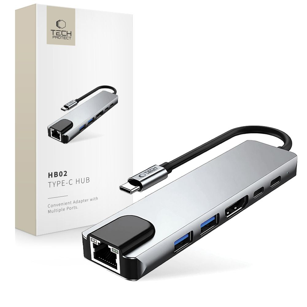 Tech-Protect HB02 USB-C Hub, 1 x USB-A 3.0 - 1 x USB-A - 2 x USB-C - 1 x HDMI - 1 x RJ45, Gray
