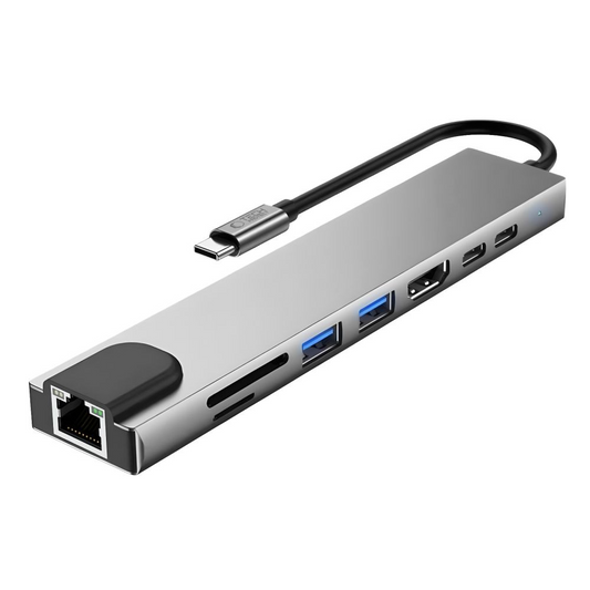 USB-C rozbočovač Tech-Protect HB09, 2 x USB-A 3.0 - 2 x USB-C - 1 x HDMI - 1 x RJ45 - 1 x SD - 1 x microSD, Sivý