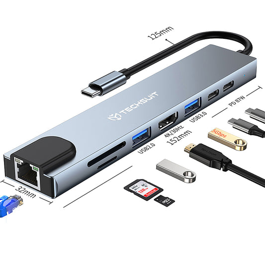 Hub USB-C Techsuit H2 NetBridge, 8v1, Sivý