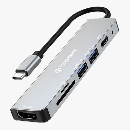 Hub USB-C Techsuit H5 TurboChargeX, 6v1, Sivý