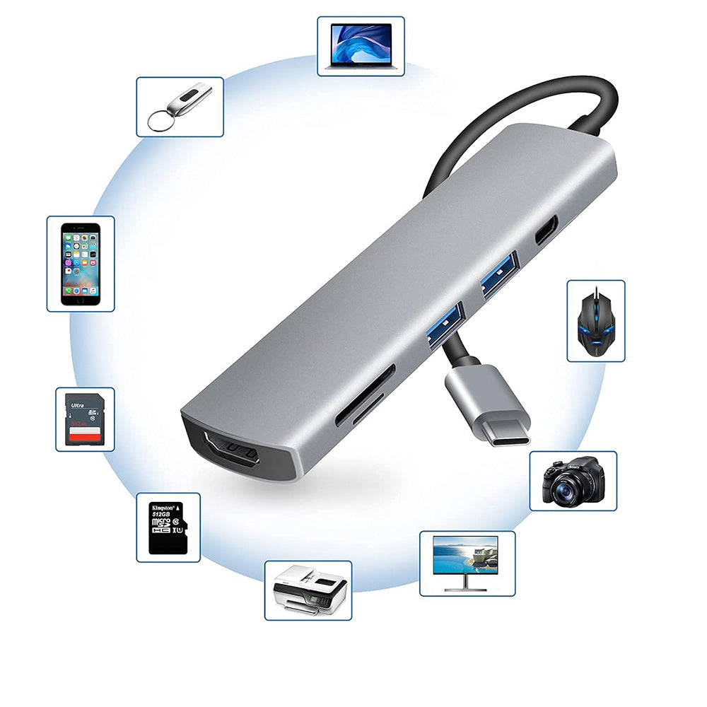 Hub USB-C Techsuit H5 TurboChargeX, 6v1, Sivý