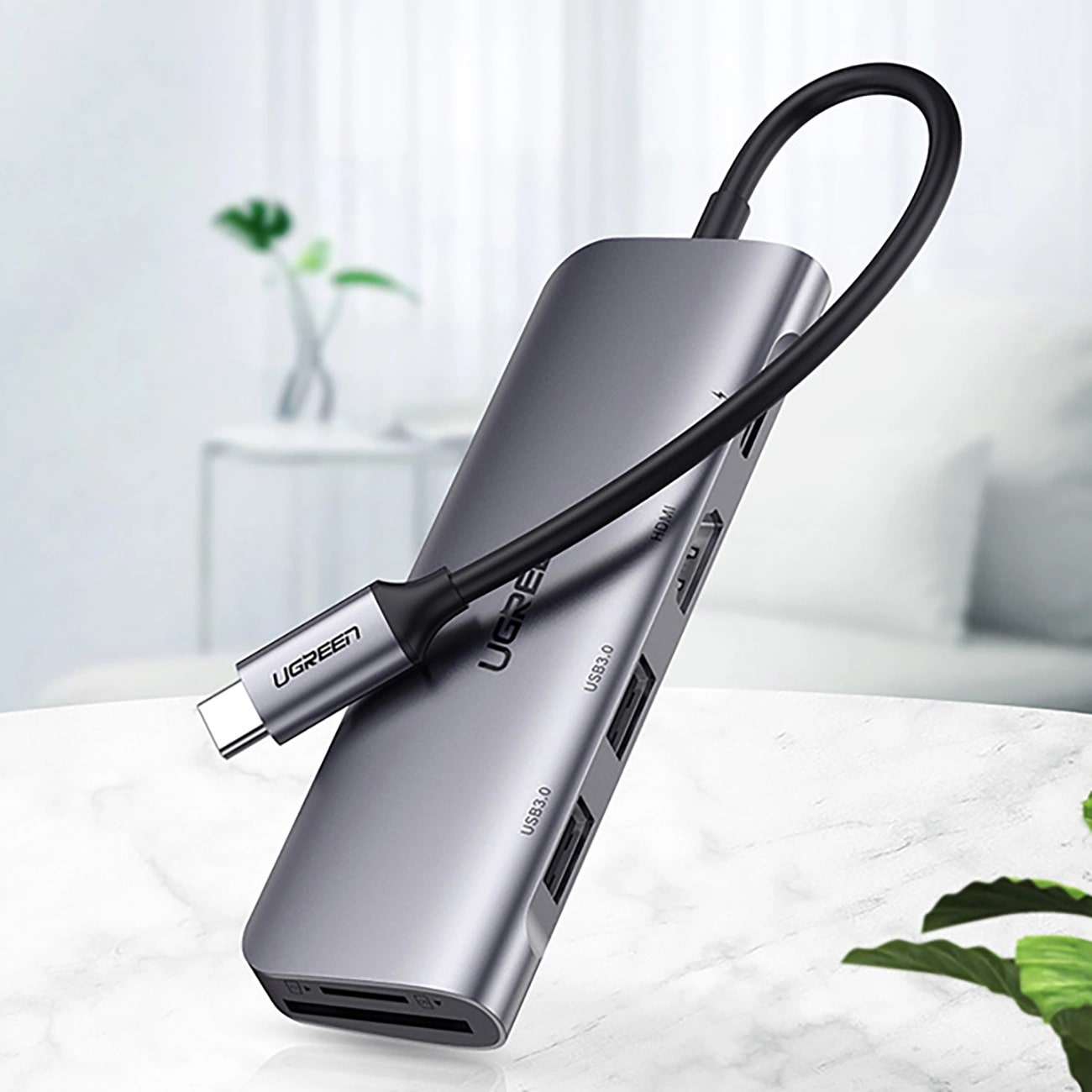 Hub USB-C UGREEN CM195 (15214), 2 x USB-A 3.0 - 1 x USB-C - 1 x HDMI - 1 x SD - 1 x microSD, Sivý