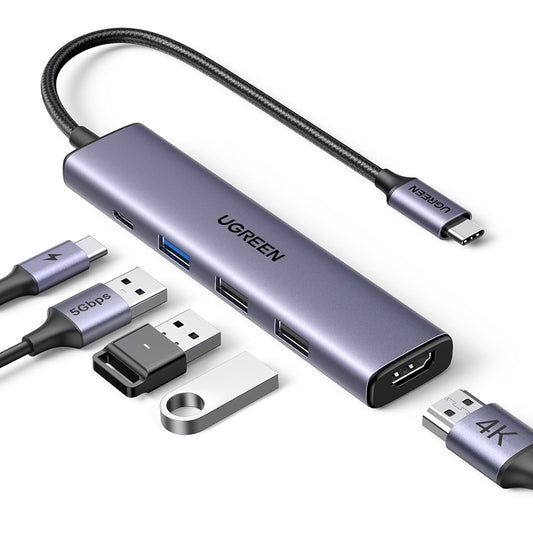 Hub USB-C UGREEN CM478, 1 x USB-A 3.0 - 2 x USB-A - 1 x USB-C - 1 x HDMI, Sivý