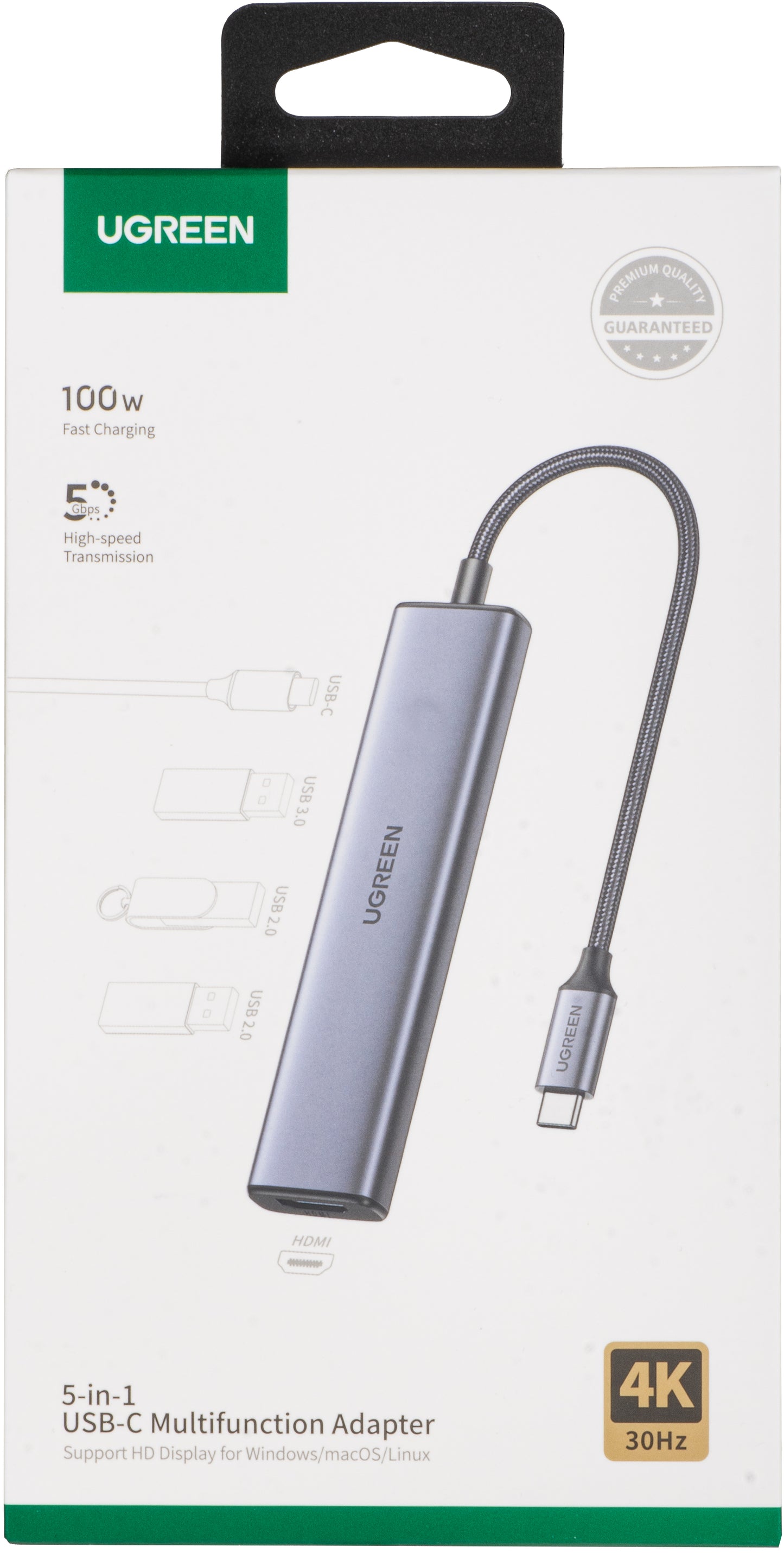 Hub USB-C UGREEN CM478, 1 x USB-A 3.0 - 2 x USB-A - 1 x USB-C - 1 x HDMI, Sivý