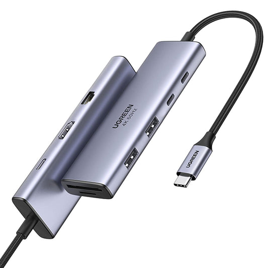 USB-C rozbočovač UGREEN CM498 (15375), 2 x USB-A - 3 x USB-C - 1 x HDMI - 1 x RJ45 - 1 x SD - 1 x microSD, sivý
