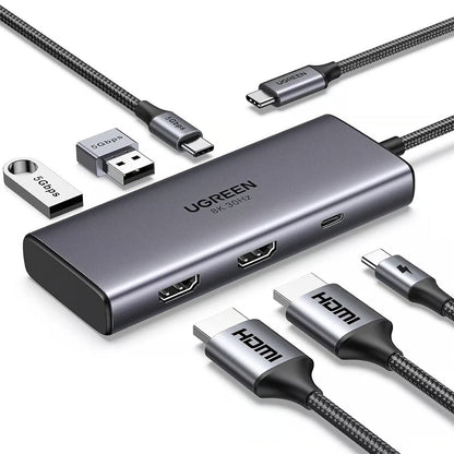 Hub USB-C UGREEN CM498 (15852), 2 x USB-A 3.0 - 2 x USB-C - 2 x HDMI, Sivý