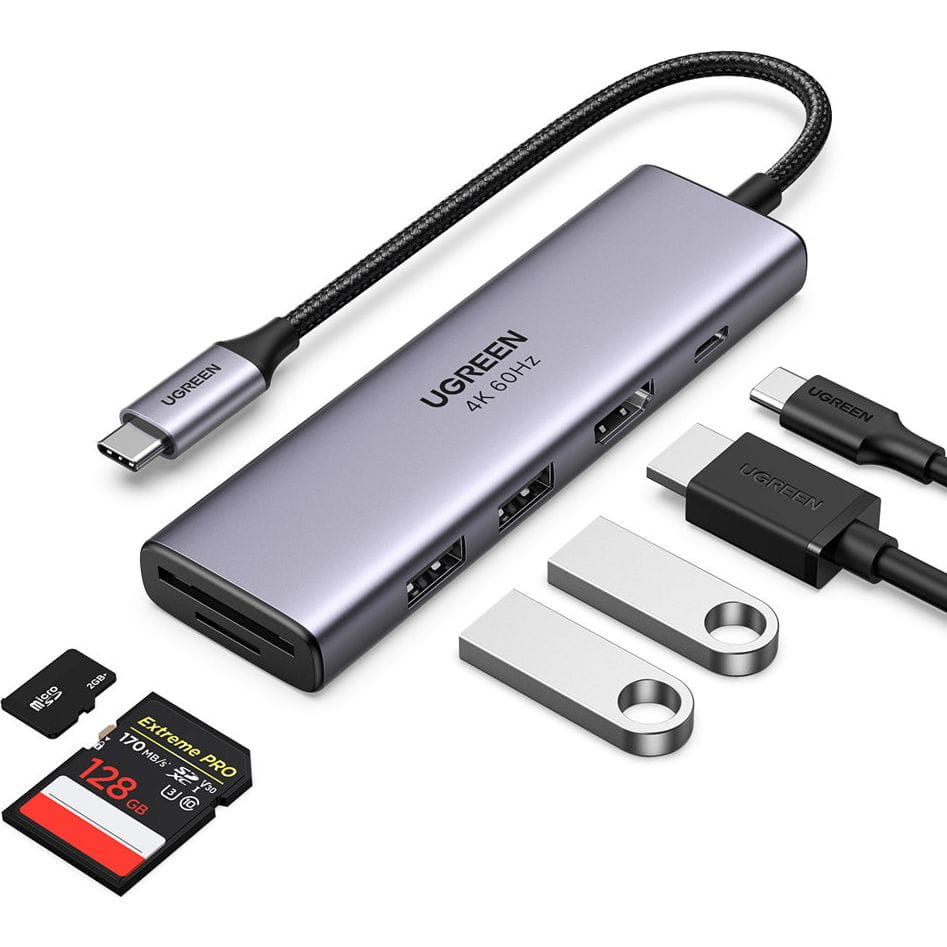Hub USB-C UGREEN CM511 (60384), 2 x USB-A 3.0 - 1 x USB-C - 1 x HDMI - 1 x SD - 1 x microSD, Sivý