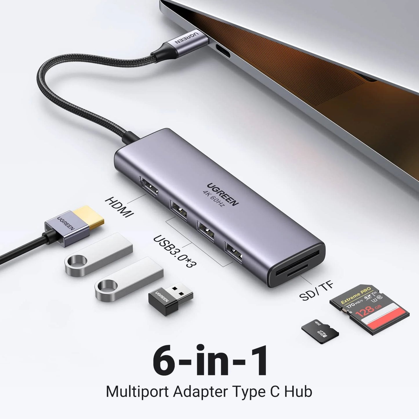 Hub USB-C UGREEN CM511 (60383), 3 x USB-A 3.2 - 1 x HDMI - 1 x SD - 1 x microSD, Sivý