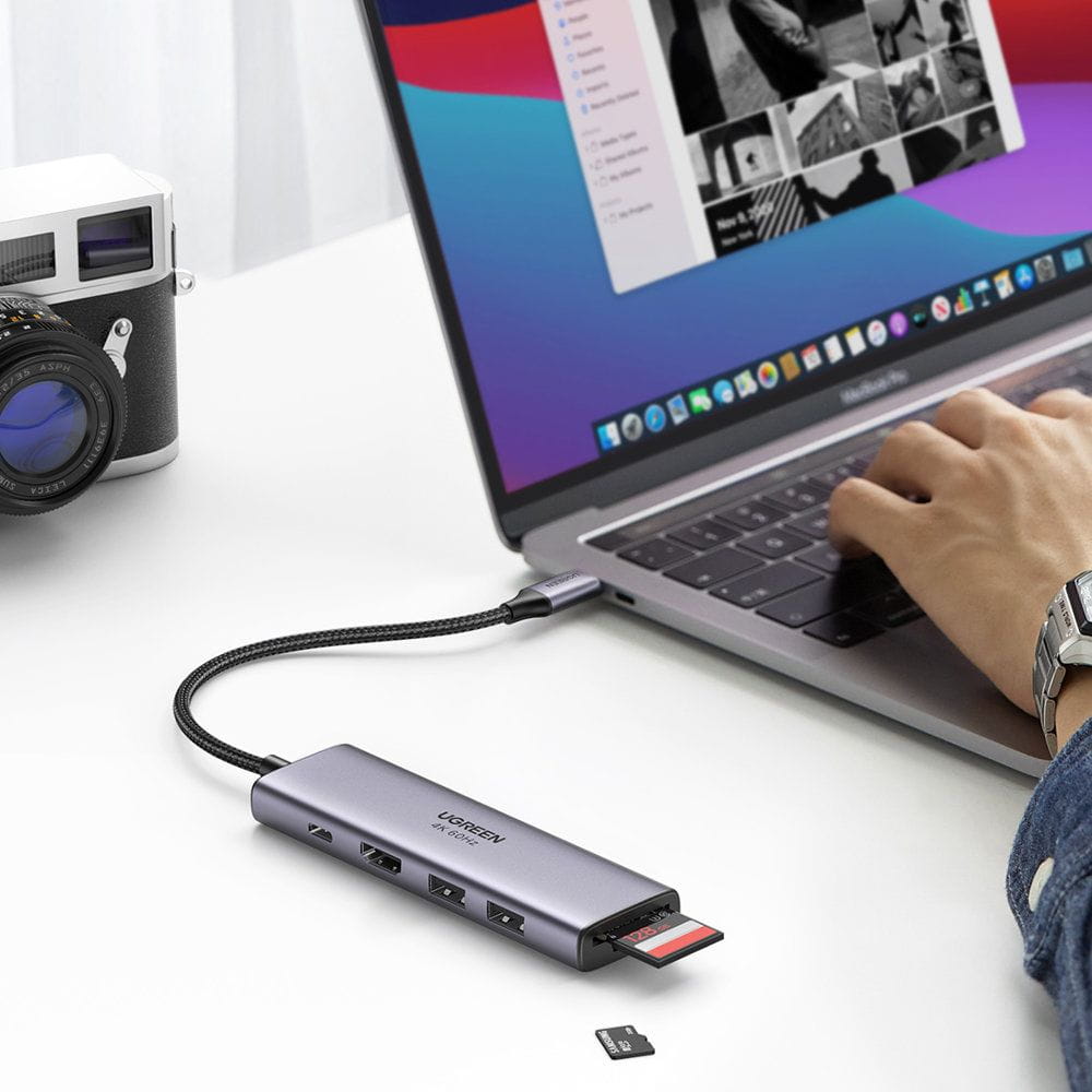 Hub USB-C UGREEN CM511 (60384), 2 x USB-A 3.0 - 1 x USB-C - 1 x HDMI - 1 x SD - 1 x microSD, Sivý