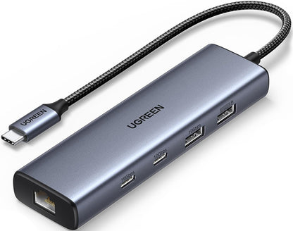 Hub USB-C UGREEN CM512, 1 x USB-A 3.2 - 1 x USB-A - 3 x USB-C - 1 x RJ45, Sivý
