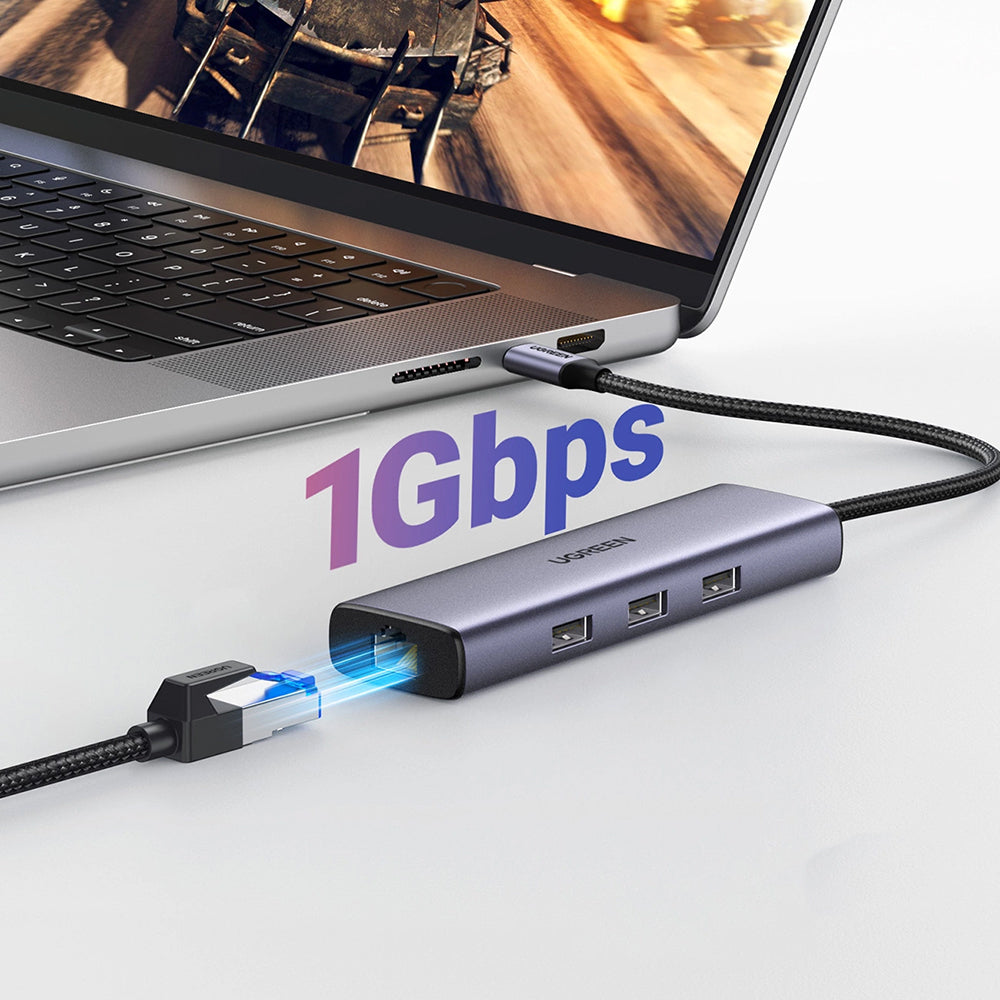 Hub USB-C UGREEN CM512 (15598), 3 x USB-A 3.0 - 1 x USB-C - 1 x HDMI - 1 x RJ45, Sivý