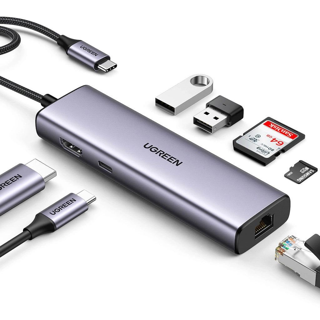 Hub USB-C UGREEN CM512, 2 x USB-A 3.0 - 1 x USB-C - 1 x HDMI - 1 x SD - 1 x microSD - RJ45, Sivý