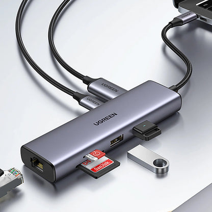 Hub USB-C UGREEN CM512, 2 x USB-A 3.0 - 1 x USB-C - 1 x HDMI - 1 x SD - 1 x microSD - RJ45, Sivý