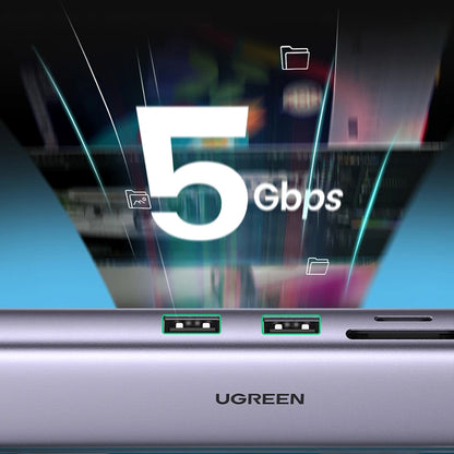 Hub USB-C UGREEN CM512, 2 x USB-A 3.0 - 1 x USB-C - 1 x HDMI - 1 x SD - 1 x microSD - RJ45, Sivý