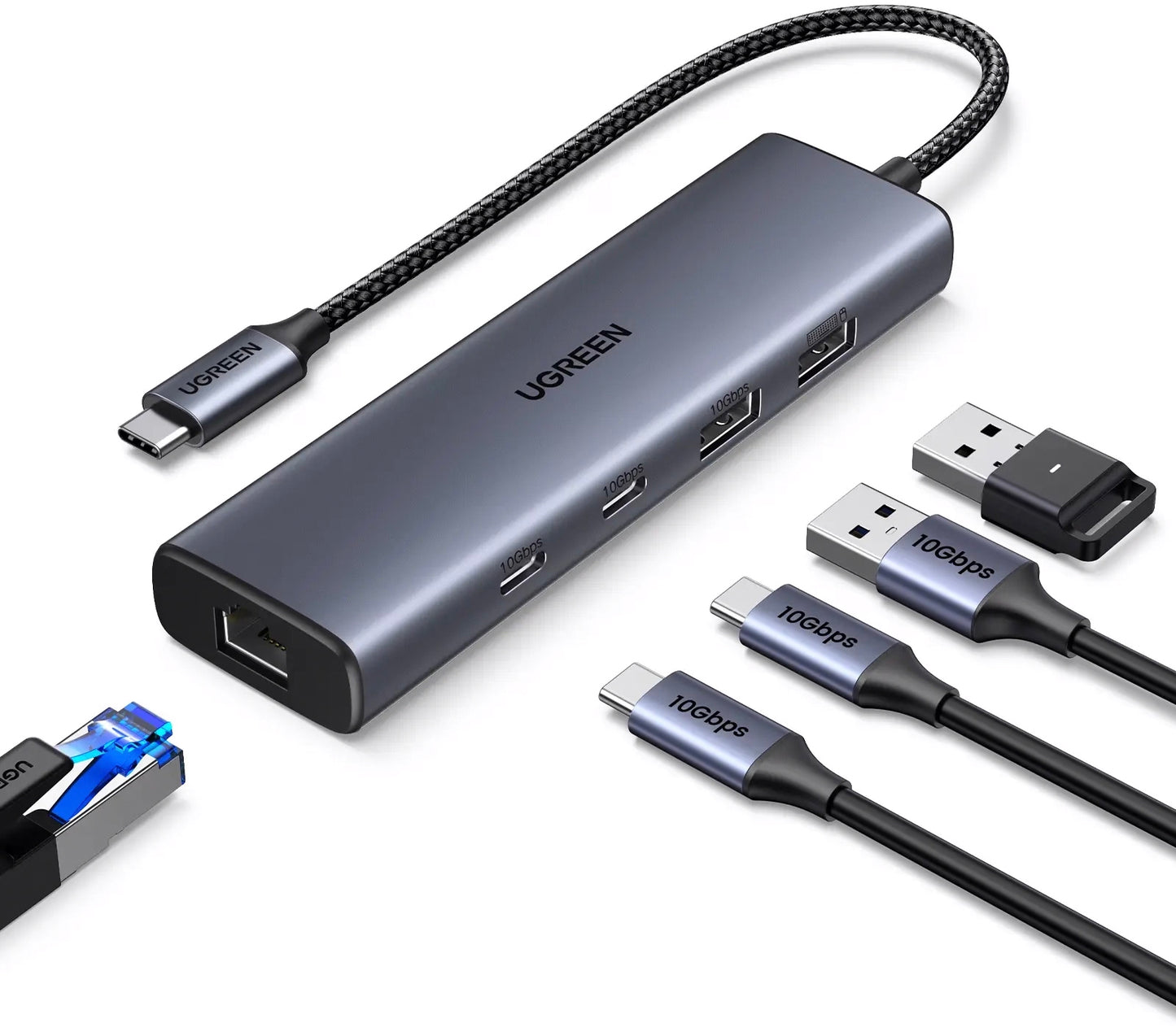 Hub USB-C UGREEN CM512, 1 x USB-A 3.2 - 1 x USB-A - 3 x USB-C - 1 x RJ45, Sivý