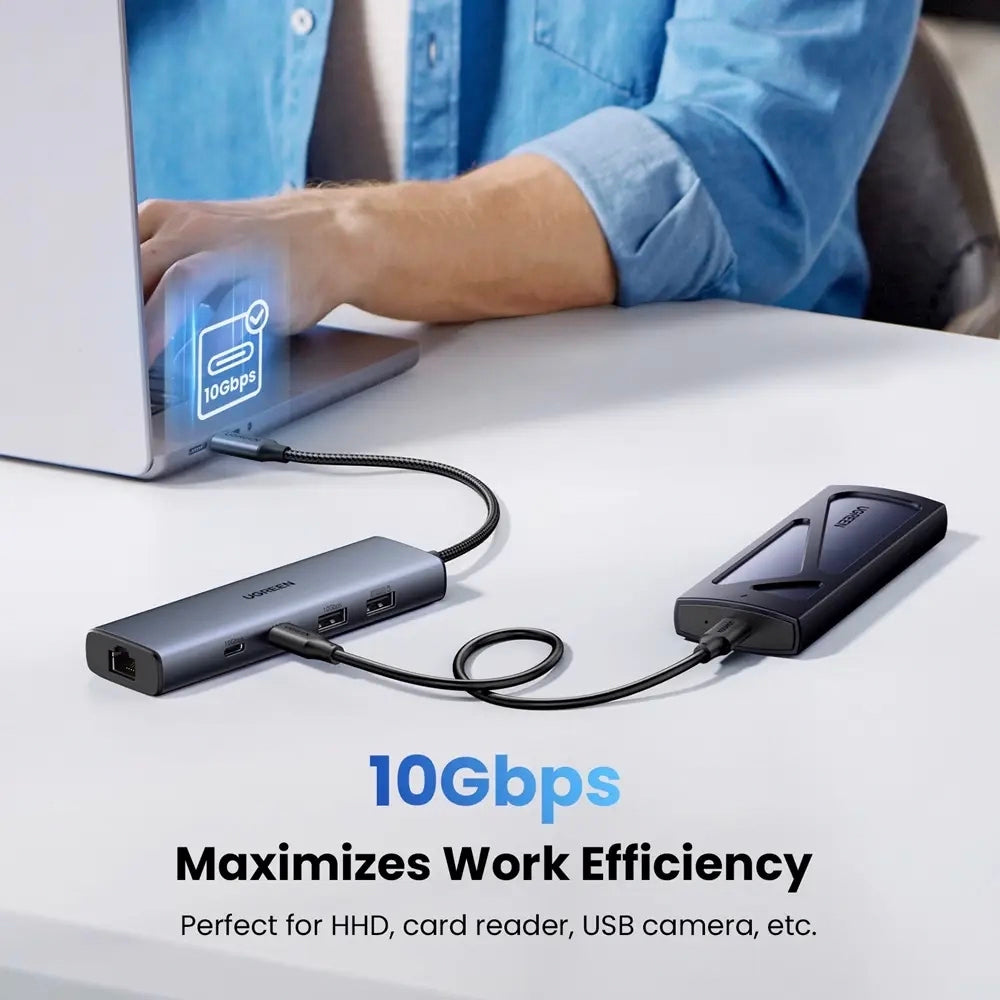 Hub USB-C UGREEN CM512, 1 x USB-A 3.2 - 1 x USB-A - 3 x USB-C - 1 x RJ45, Sivý