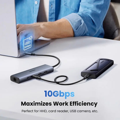 Hub USB-C UGREEN CM512, 1 x USB-A 3.2 - 1 x USB-A - 3 x USB-C - 1 x RJ45, Sivý