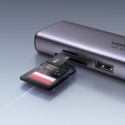 Hub USB-C UGREEN CM512 (60515), 2 x USB-A 3.0 - 1 x USB-C - 1 x HDMI - 1 x SD - 1 x microSD - 1 x RJ45, Sivý
