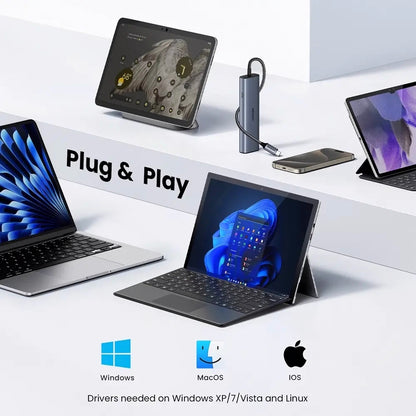 Hub USB-C UGREEN CM512, 1 x USB-A 3.2 - 1 x USB-A - 3 x USB-C - 1 x RJ45, Sivý