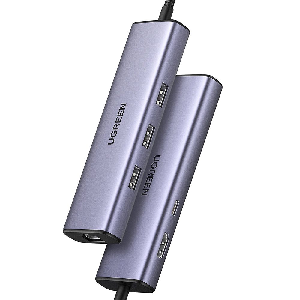 Hub USB-C UGREEN CM512 (15598), 3 x USB-A 3.0 - 1 x USB-C - 1 x HDMI - 1 x RJ45, Sivý