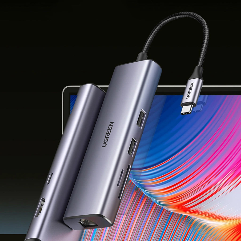 Hub USB-C UGREEN CM512, 2 x USB-A 3.0 - 1 x USB-C - 1 x HDMI - 1 x SD - 1 x microSD - RJ45, Sivý