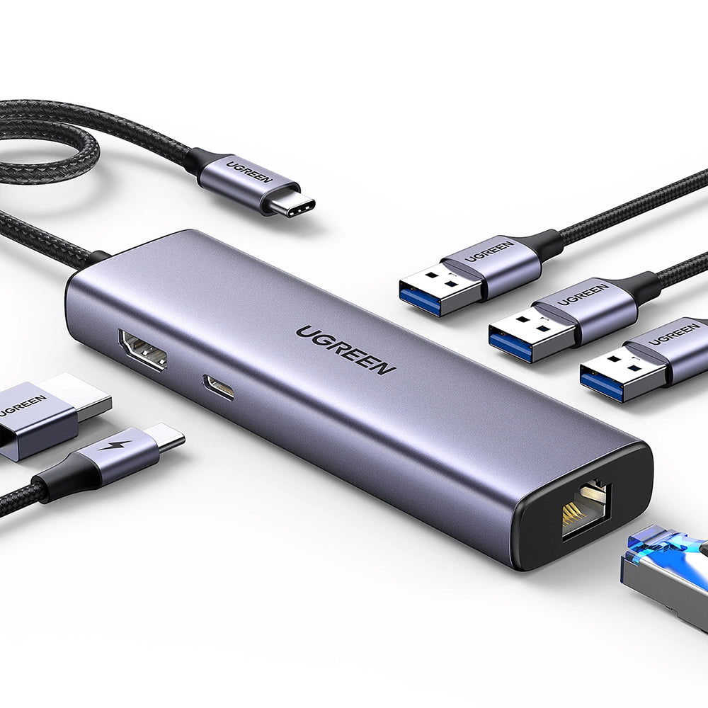 Hub USB-C UGREEN CM512 (15598), 3 x USB-A 3.0 - 1 x USB-C - 1 x HDMI - 1 x RJ45, Sivý