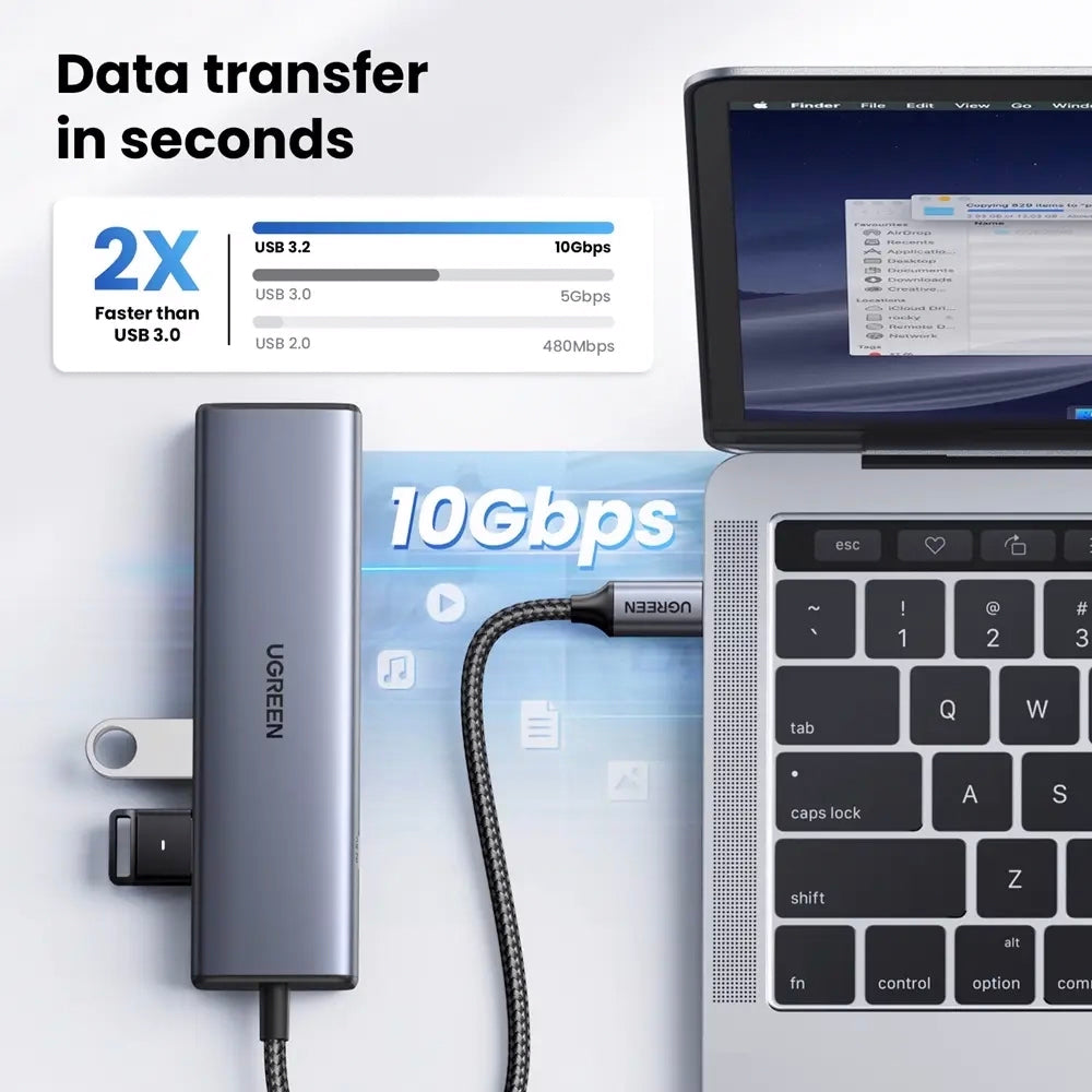 Hub USB-C UGREEN CM512, 1 x USB-A 3.2 - 1 x USB-A - 3 x USB-C - 1 x RJ45, Sivý