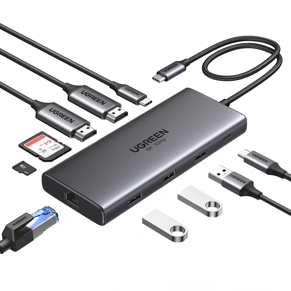 Hub USB-C UGREEN Revodok Pro 210 CM639, 1 x USB-A 3.0 - 2 x USB-A - 2 x USB-C - 2 x HDMI - 1 x RJ45 - 1 x SD - 1 x microSD, Sivý