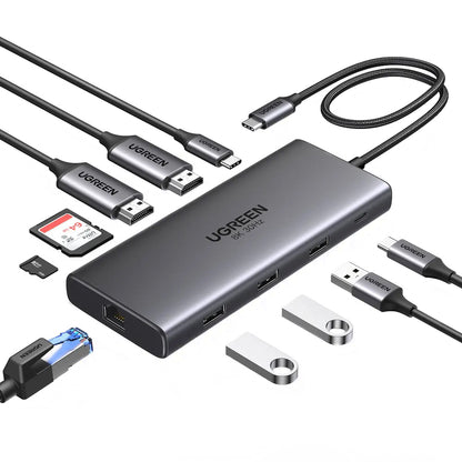 Hub USB-C UGREEN Revodok Pro 210 CM639, 1 x USB-A 3.0 - 2 x USB-A - 2 x USB-C - 2 x HDMI - 1 x RJ45 - 1 x SD - 1 x microSD, Sivý