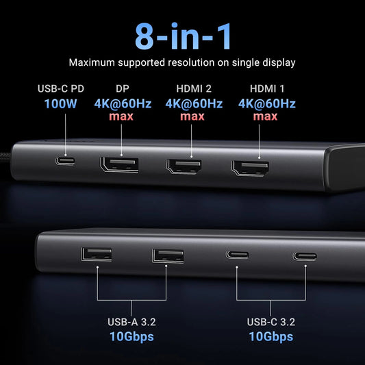 Hub USB-C UGREEN Revodok 308 CM639, 2 x USB-A 3.2 - 3 x USB-C - 1 x Display Port - 2 x HDMI, Sivý