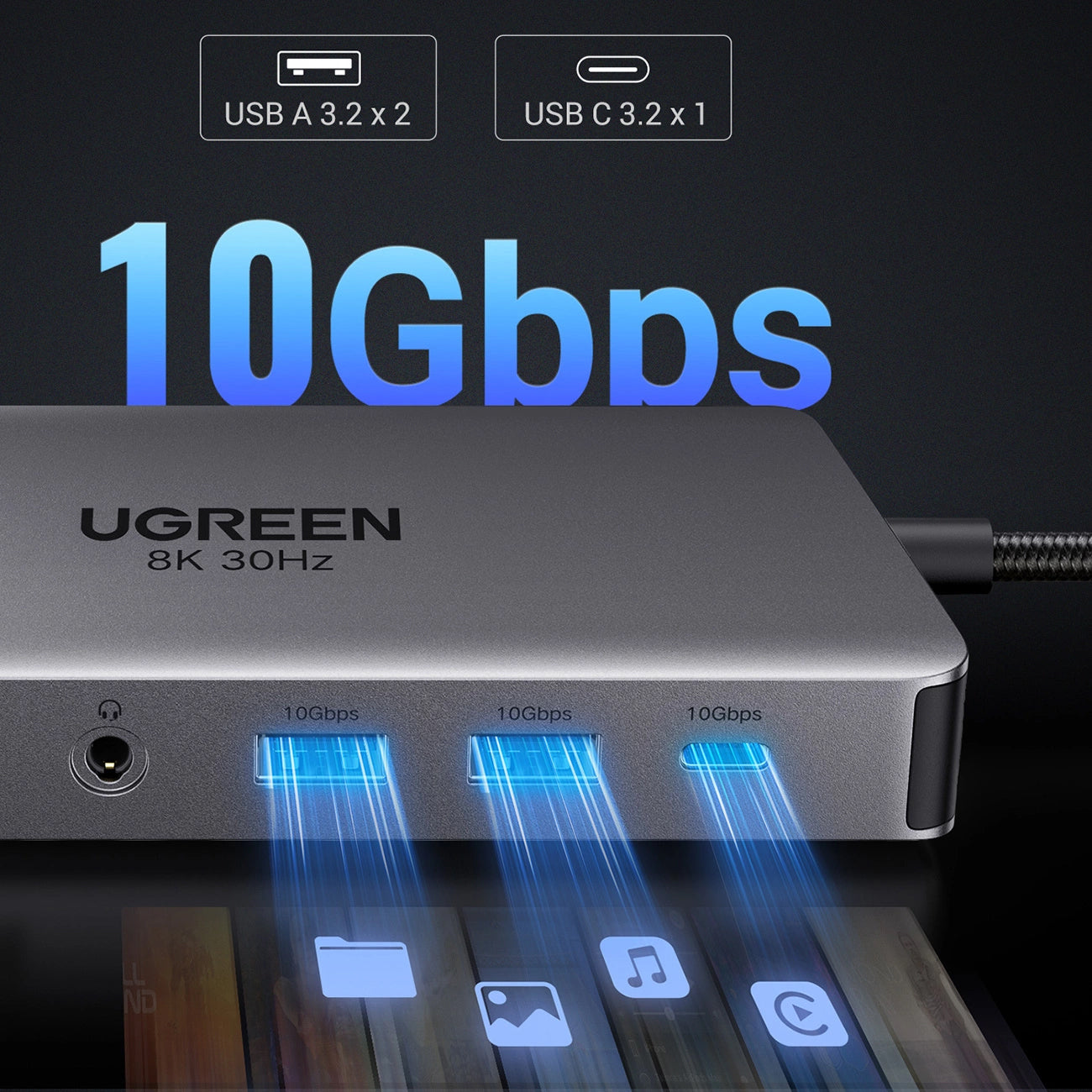 Hub USB-C UGREEN Revodok Pro 313 CM681, 2 x USB-A 3.2 - 1 x USB-A 3.0 - 2 x USB-C - 2 x HDMI - 1 x Jack 3.5mm - 1 x RJ45 - 1 x SD - 1 x microSD, Sivý