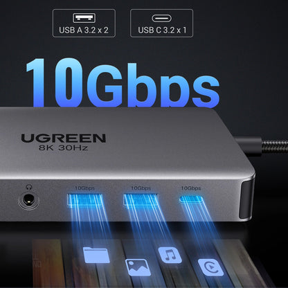 Hub USB-C UGREEN Revodok Pro 313 CM681, 2 x USB-A 3.2 - 1 x USB-A 3.0 - 2 x USB-C - 2 x HDMI - 1 x Jack 3.5mm - 1 x RJ45 - 1 x SD - 1 x microSD, Sivý