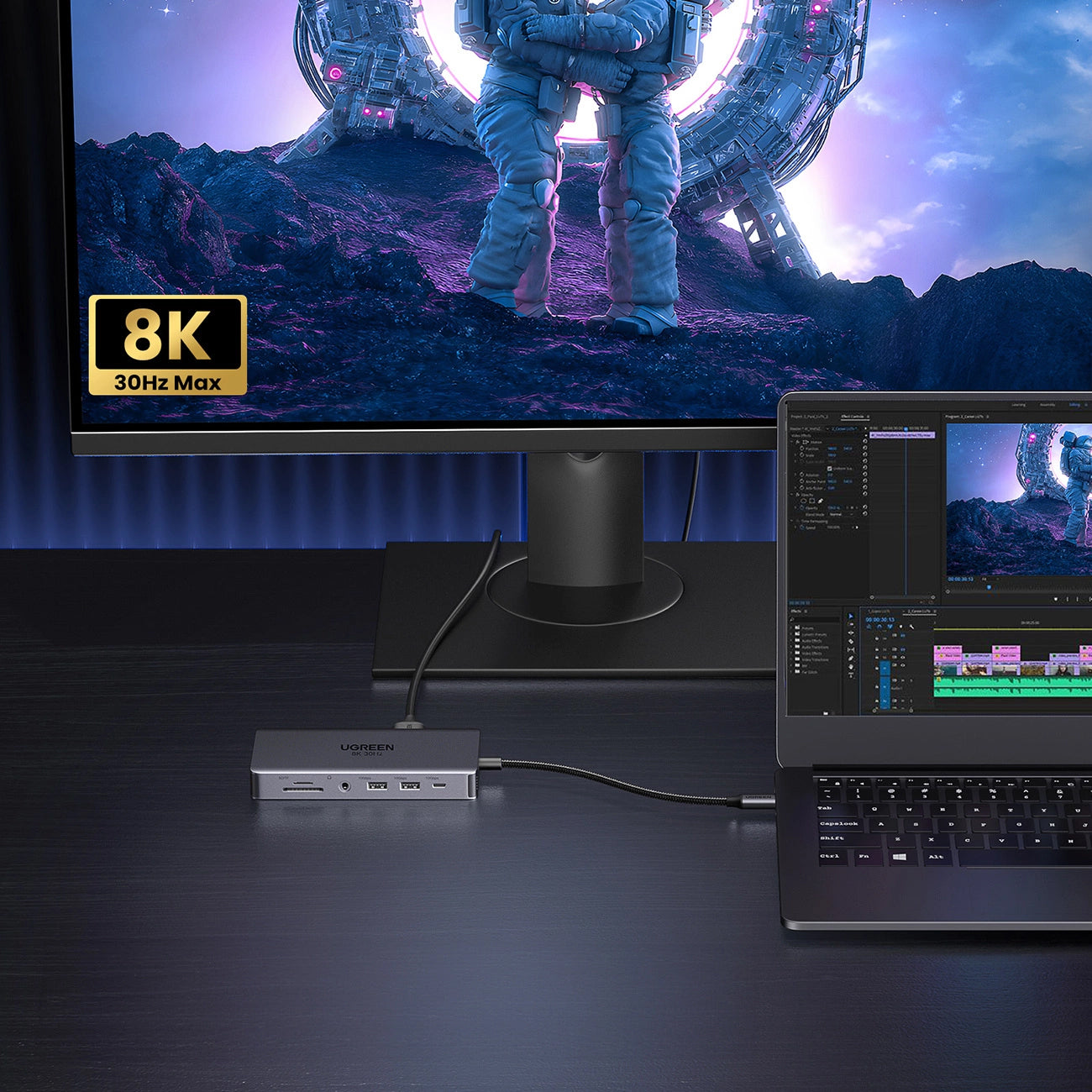 Hub USB-C UGREEN Revodok Pro 313 CM681, 2 x USB-A 3.2 - 1 x USB-A 3.0 - 2 x USB-C - 2 x HDMI - 1 x Jack 3.5mm - 1 x RJ45 - 1 x SD - 1 x microSD, Sivý