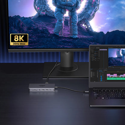 Hub USB-C UGREEN Revodok Pro 313 CM681, 2 x USB-A 3.2 - 1 x USB-A 3.0 - 2 x USB-C - 2 x HDMI - 1 x Jack 3.5mm - 1 x RJ45 - 1 x SD - 1 x microSD, Sivý
