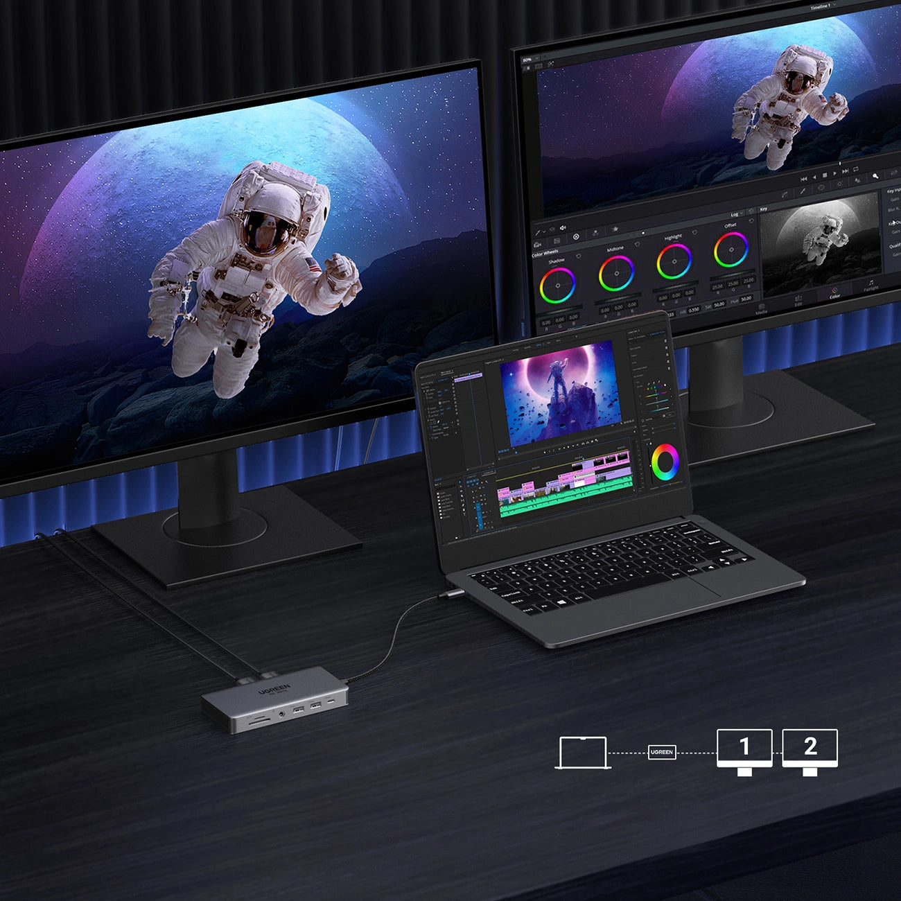 Hub USB-C UGREEN Revodok Pro 313 CM681, 2 x USB-A 3.2 - 1 x USB-A 3.0 - 2 x USB-C - 2 x HDMI - 1 x Jack 3.5mm - 1 x RJ45 - 1 x SD - 1 x microSD, Sivý