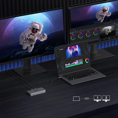 Hub USB-C UGREEN Revodok Pro 313 CM681, 2 x USB-A 3.2 - 1 x USB-A 3.0 - 2 x USB-C - 2 x HDMI - 1 x Jack 3.5mm - 1 x RJ45 - 1 x SD - 1 x microSD, Sivý