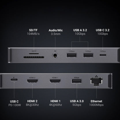 Hub USB-C UGREEN Revodok Pro 313 CM681, 2 x USB-A 3.2 - 1 x USB-A 3.0 - 2 x USB-C - 2 x HDMI - 1 x Jack 3.5mm - 1 x RJ45 - 1 x SD - 1 x microSD, Sivý