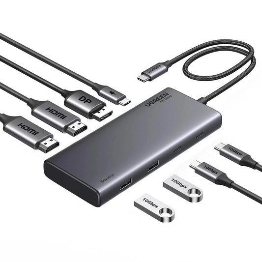 Hub USB-C UGREEN Revodok 308 CM639, 2 x USB-A 3.2 - 3 x USB-C - 1 x Display Port - 2 x HDMI, Sivý