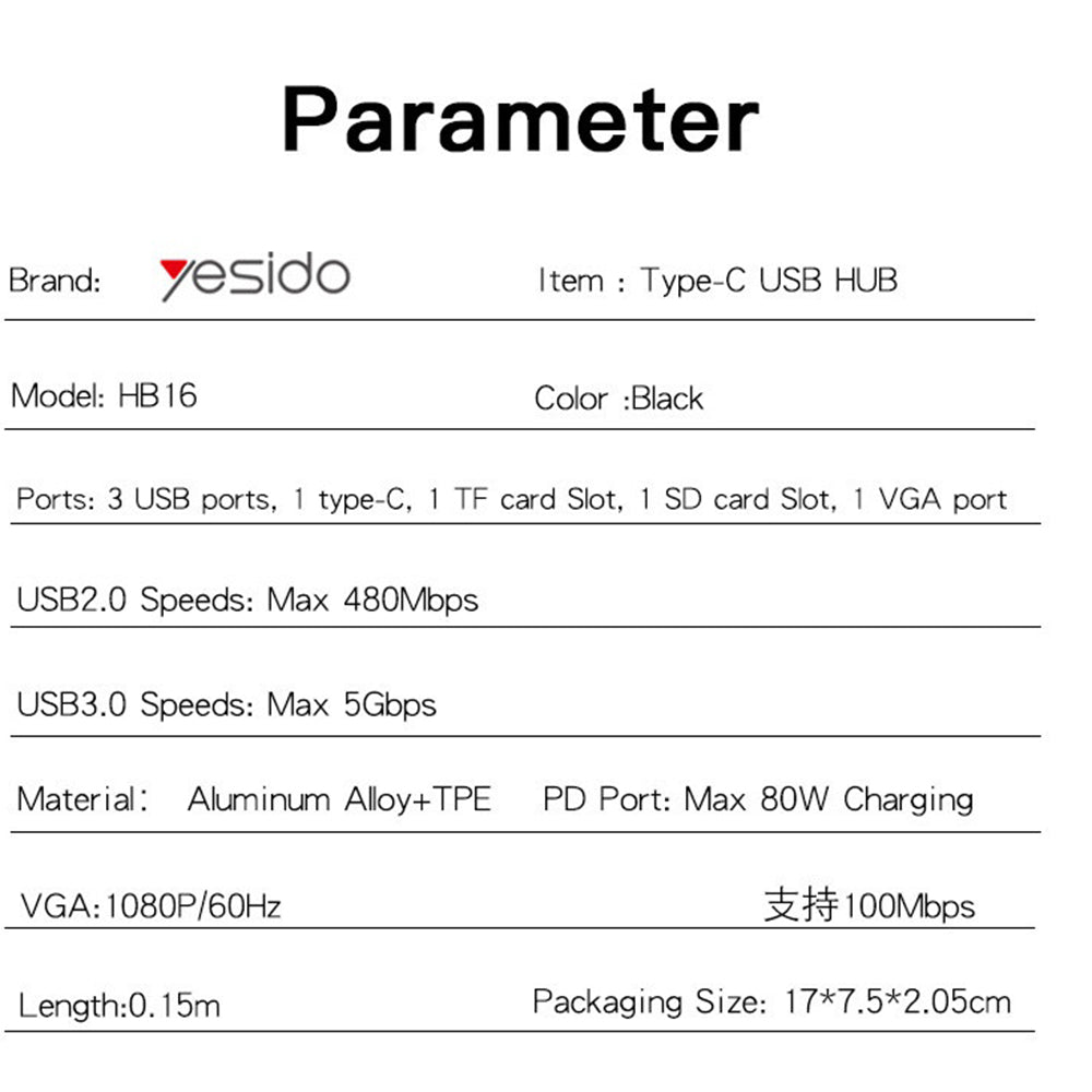 Hub USB-C Yesido HB16, 7v1, Sivý