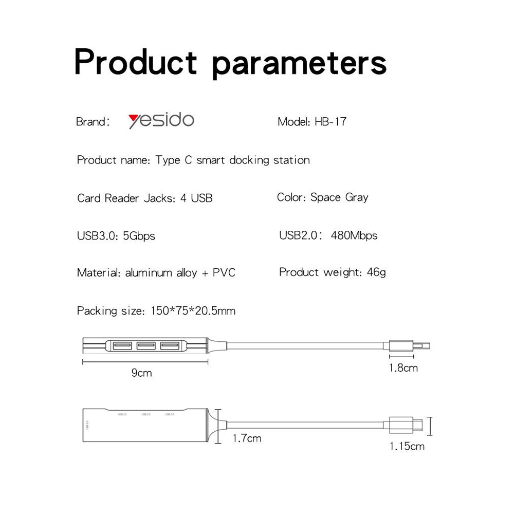 Hub USB-C Yesido HB17, 4v1, Sivý