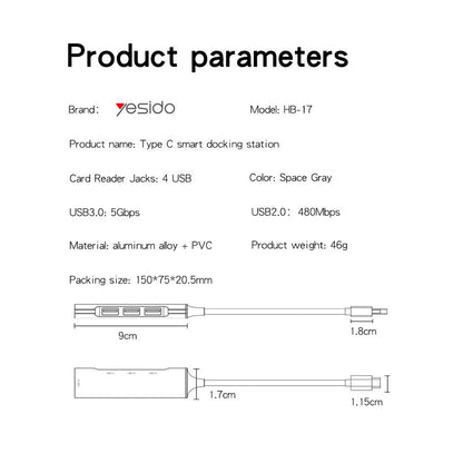 Hub USB-C Yesido HB17, 4v1, Sivý
