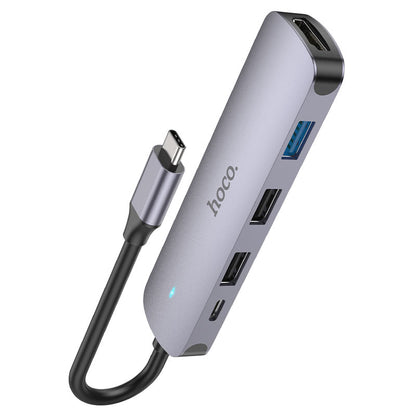 USB-C Hub HOCO HB27, USB-A 3.0 - 2 x USB-A - USB-C - HDMI, Sivá