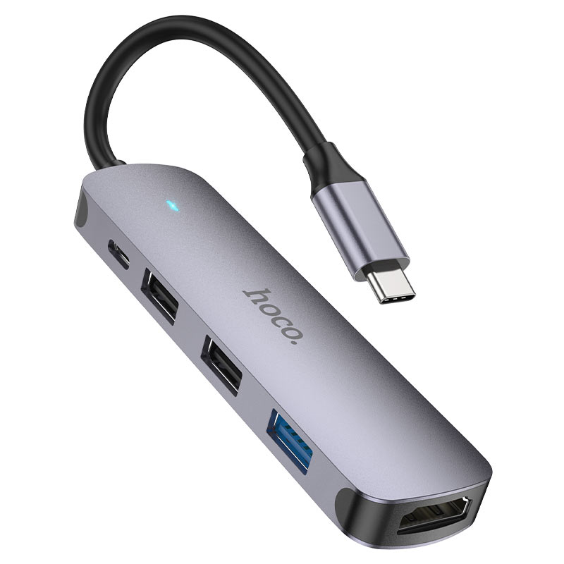 USB-C Hub HOCO HB27, USB-A 3.0 - 2 x USB-A - USB-C - HDMI, Sivá