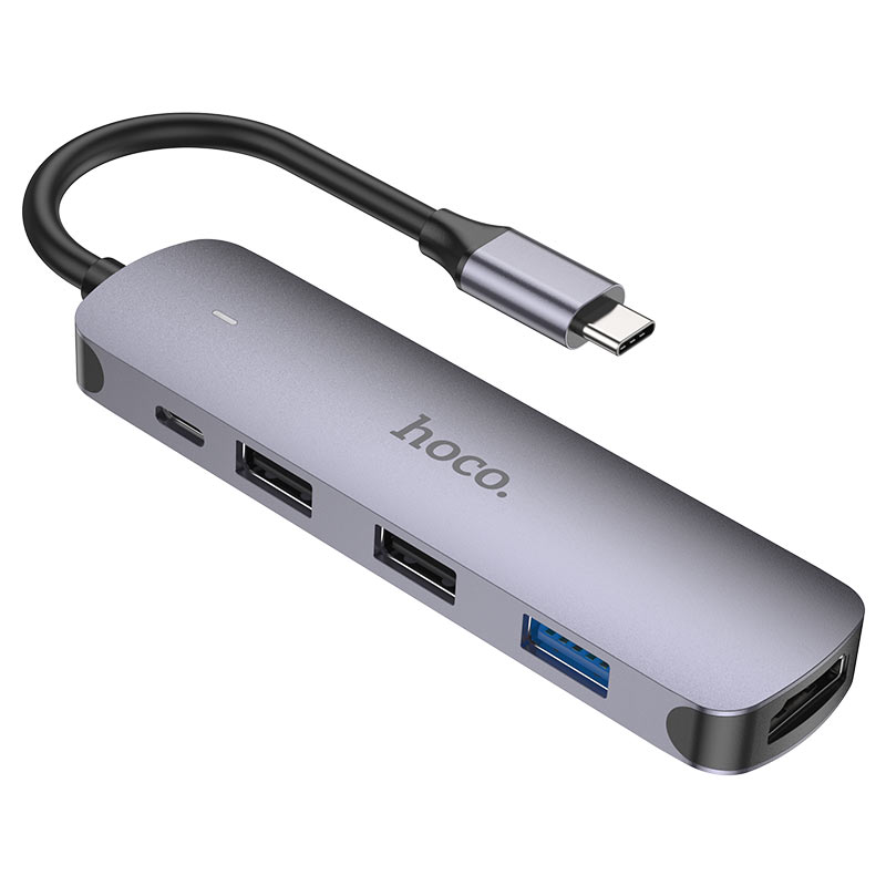 USB-C Hub HOCO HB27, USB-A 3.0 - 2 x USB-A - USB-C - HDMI, Sivá