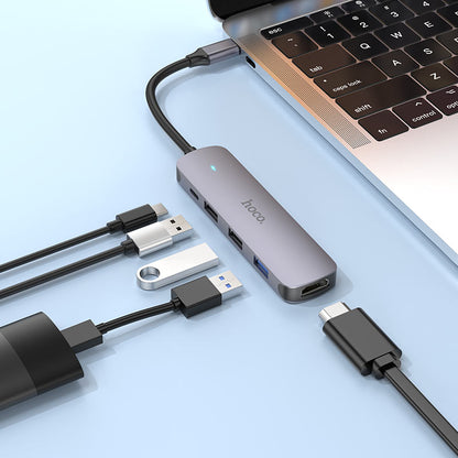 USB-C Hub HOCO HB27, USB-A 3.0 - 2 x USB-A - USB-C - HDMI, Sivá