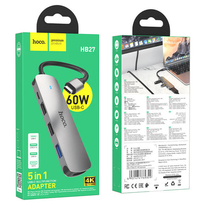 USB-C Hub HOCO HB27, USB-A 3.0 - 2 x USB-A - USB-C - HDMI, Sivá