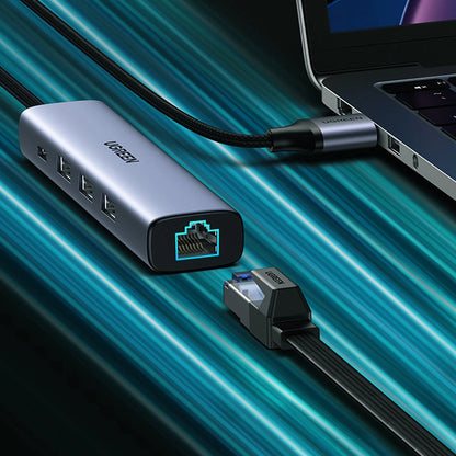 Hub USB UGREEN CM475, 3 x USB-A 3.0 - 1 x USB-C - 1 x RJ45, Sivý